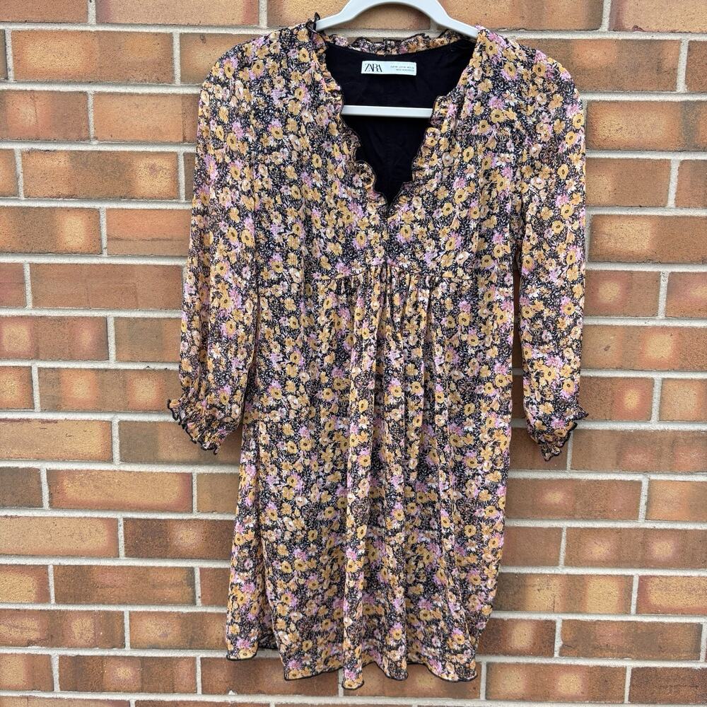 Zara Shift Dress Yellow Pink Black Ditsy Floral Dress VNeck Long Sleeve Size XS